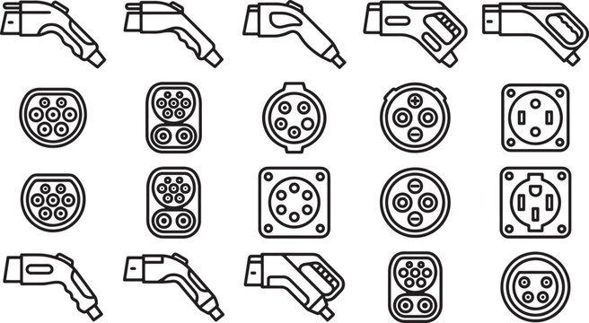 Illustrative depiction of Electric vehicle charging station connector types, ideal for use in infographics or educational materials. 
