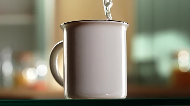 A close up of water being poured into a white cup. The concept includes morning routine, warmth, and refreshment, suitable for food and beverage, cafe and restaurant advertisements.