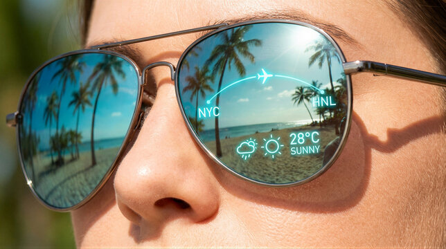 Woman viewing augmented reality travel display in sunglasses. Flight path from nyc to honolulu over tropical beach. Sunny weather forecast and vacation destination information for innovative tourism