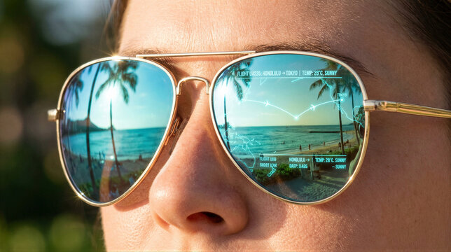 Woman wearing augmented reality sunglasses with tropical beach reflection. Digital overlay shows flight path from Honolulu to Tokyo with sunny weather data. Future travel navigation and vacation