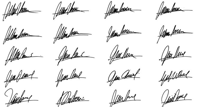 Handwritten signature collection, set of 20 black ink autograph vector elements, realistic cursive script strokes on white background
