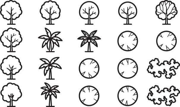Collection of tree illustrations. Ideal for landscape design, environmental themes, or educational materials, these graphic elements offer versatility and visual appeal.