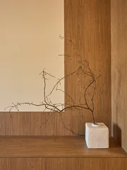 Fototapete Japandi Minimalist interior with dried branches in a dark textured vase on a wooden shelf. Beige ribbed wall background. Japandi style home decor.  © Евгений Бордовский