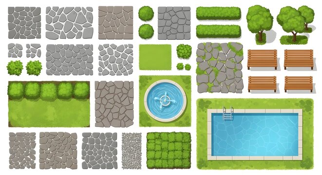 A collection of various outdoor landscaping elements and pool features for design and planning purposes