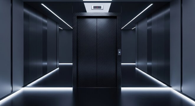 Sleek Carbon Fiber Textured Elevator Doors in a Modern Futuristic Interior with Ambient Lighting