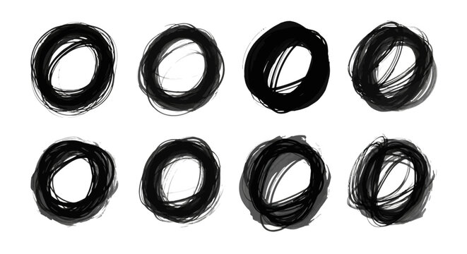 Hand drawn black ink circle set, 8 messy scribble ring vectors, grunge charcoal brush strokes for highlighting and emphasis on white background