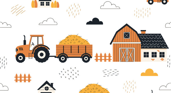 Seamless pattern featuring a rustic farm scene with an orange tractor pulling a hay trailer past a classic barn under a cloudy sky.