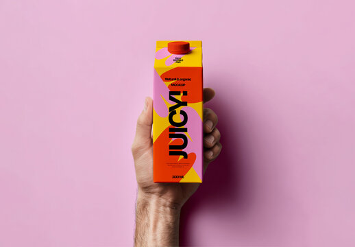 Hand Holding Juice Carton Close Up Mockup
