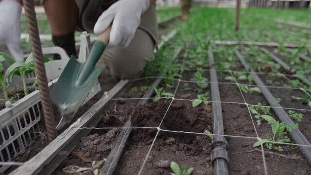 Gardener planting seedlings in a grid pattern