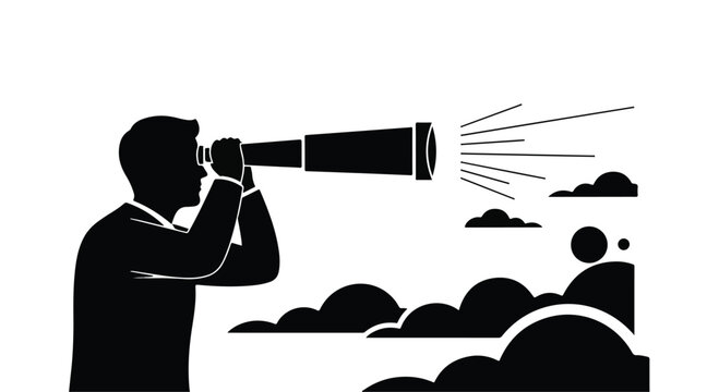 Silhouette of a man holding a gun and looking through a telescope