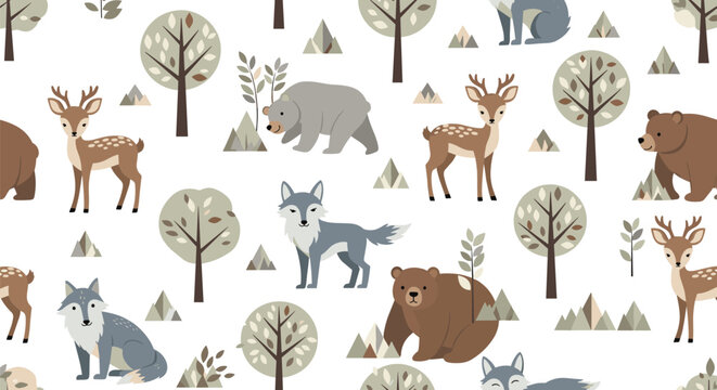 Woodland theme seamless pattern depicts various wild animals like deer, bears, and wolves roaming through a forest of stylized pine trees.