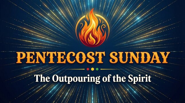 Pentecost Sunday fire banner. Invitation vector template the service of Pentecost in the form of text Pentecost Sunday and The Outpouring of the Spirit with a tongue of flame