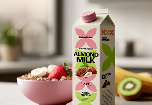Almond Milk Carton with Breakfast Scene Mockup