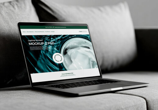 Laptop on Sofa Interior Scene  Mockup