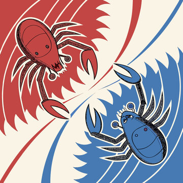 Red and blue crabs facing each other
