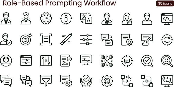 Role based prompting workflow outline icon set with artificial intelligence configuration communication automation symbols for dashboards apps presentations web interface systems