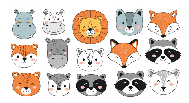 Extensive collection of cute animal face illustrations features a variety of species like lions, foxes, and hippos in a simple style.