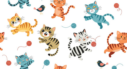 Obraz premium Colorful seamless pattern showing playful cartoon kittens jumping and chasing balls of yarn on a clean white background for kids.