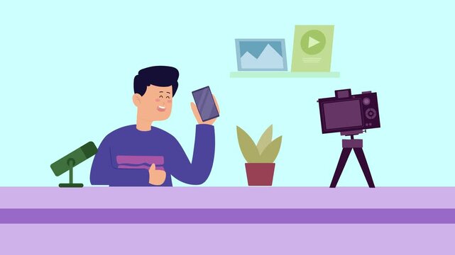 Man is sitting at a desk with a camera and a phone Animation