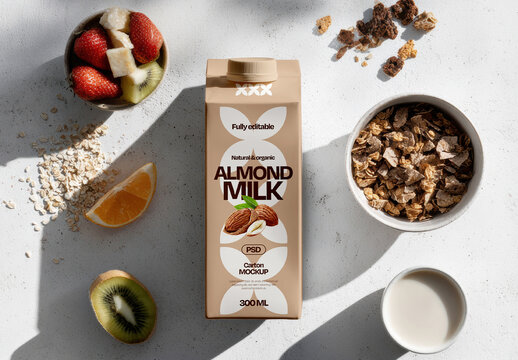 Breakfast Flat Lay with Milk Carton and Fruits Mockup