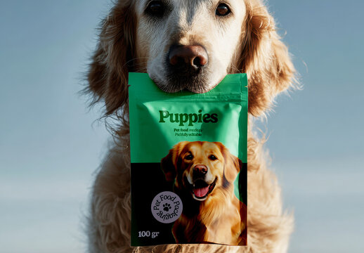 Dog Holding Pet Food Package Mockup