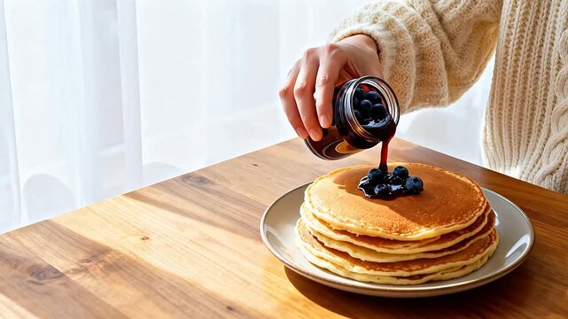 Pancakes with blueberry jam on table