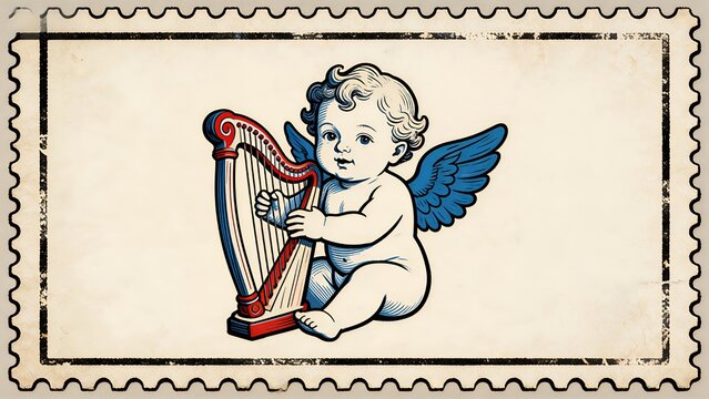 Vintage Cherub Harp Stamp: Retro Angelic Musical Artwork