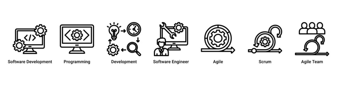 Agile Development devops banner with programming,software engineering and scrum workflow icons for modern development process