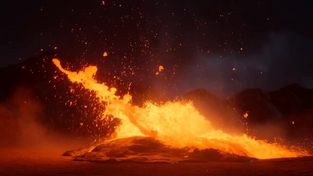 Slow motion static shot of lava fountain erupting in volcanic landscape at night with glowing embers