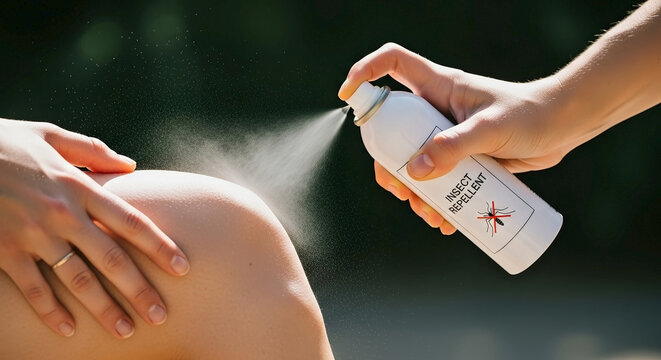 Person spraying insect repellent on leg in outdoor setting. Close-up view of insect repellent being applied to knee while hand holds canister.