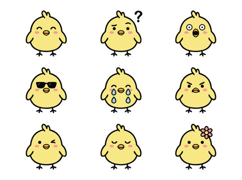 Set of cute yellow chick characters showing various emotions and expressions.