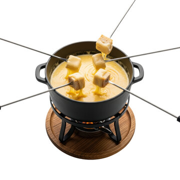 Traditional black cast iron caquelon bubbling with golden swiss cheese on a rechaud stand, four forks dipping rustic bread, white studio background. concept for professional food photography