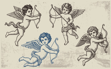 Fototapeta premium Set of different vintage cupid. Various flying angels with arrows and bow collection. Vector monochrome amur hand drawn illustration.