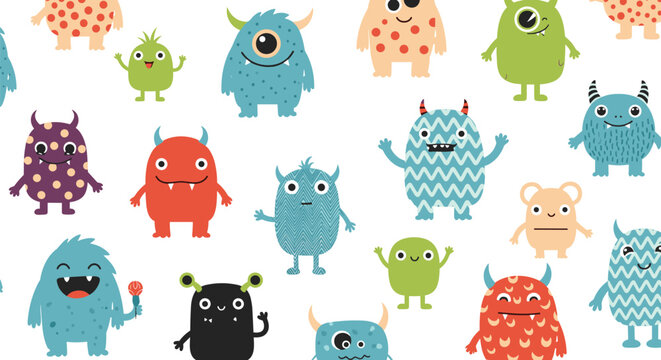 Whimsical monster pattern showcases various colorful and quirky characters with unique shapes and friendly smiles on a clean background.