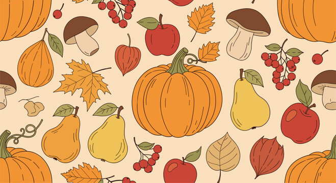 Autumn harvest pattern features pumpkins, apples, pears, mushrooms, and fallen leaves in a warm and cozy seasonal design.