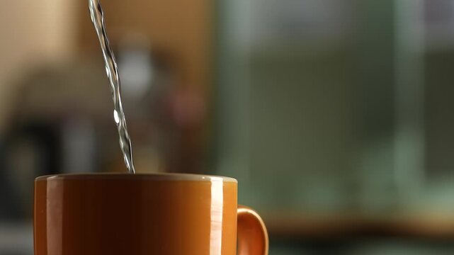A close up of water being poured into a yellow cup. The concept includes morning routine, warmth, and refreshment, suitable for food and beverage, cafe and restaurant advertisements.