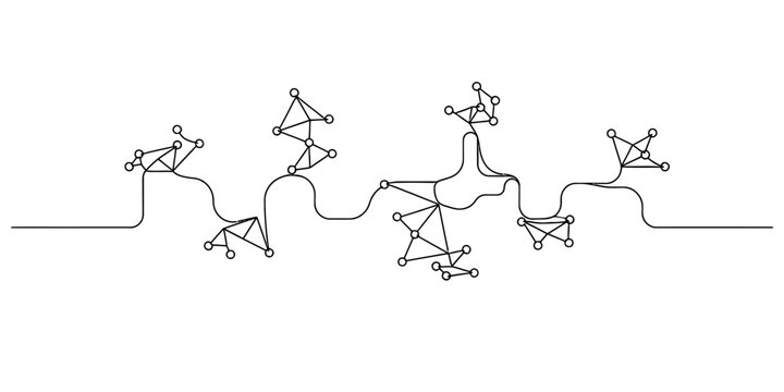 An abstract line drawing featuring various interconnected geometric node clusters and wave patterns