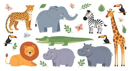 Naklejka premium Large collection of cute safari animals including a lion, elephant, giraffe, zebra, leopard, crocodile, hippo, and tropical birds.