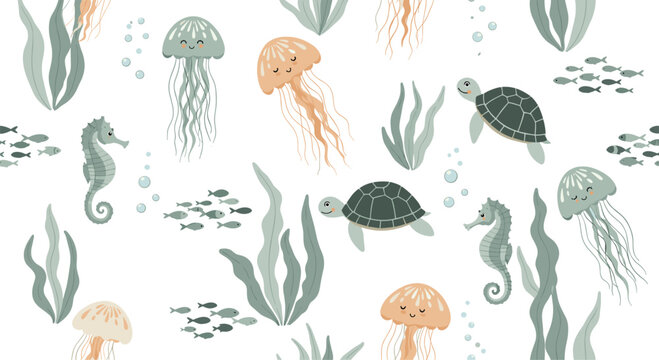 Underwater seamless pattern with smiling jellyfish, sea turtles, seahorses, and schools of fish swimming among aquatic plants and bubbles.