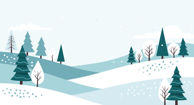 Serene winter landscape illustration featuring rolling snowy hills, a variety of evergreen trees, and light snowfall in soft blue tones.