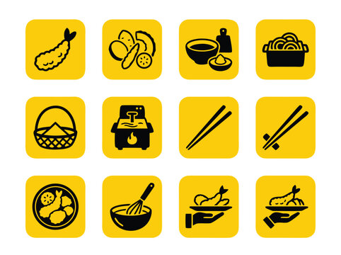 Set of deep fried food and cooking equipment icons in yellow squares.
