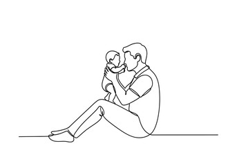 Fototapeta premium Continuous Line Art Drawing of Father Sitting and Holding Baby - Minimalist Fatherhood and Parenting Illustration