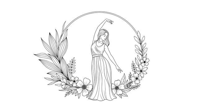 Elegant line art illustration of a graceful woman dancing within a circular frame adorned with delicate flowers and foliage.