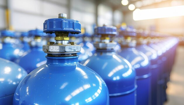 Rows of Blue Industrial Gas Cylinders in Factory Warehouse