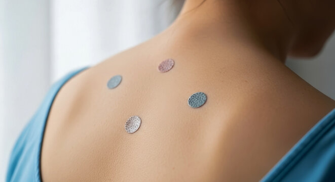 Woman's upper back displays patch test, small round adhesive patches applied on skin. Dermatological patch test helps identify allergic reactions, crucial for patient diagnosis.