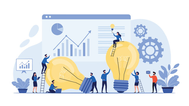 Creative team working together around large glowing light bulbs with a data dashboard and gears in the abstract background.