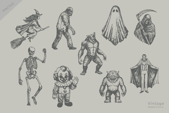 Halloween element set in vintage engraving style illustration. Halloween collection Witch flying, ghost, vampire, zombie, skeleton, grim reaper, werewolf, devil, monster, scary grunge dotted texture. 