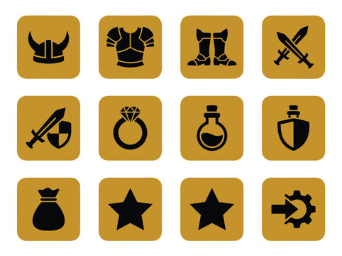 Set of fantasy game interface icons featuring equipment and items.