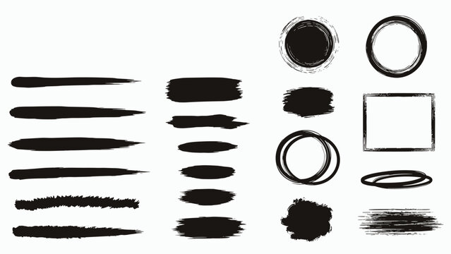 Versatile collection of hand-drawn black ink brush strokes including various lines circles and frames for artistic design projects.