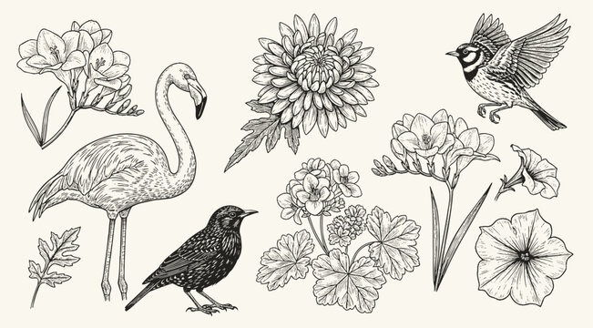 Set of of birds and flowers. engraving illustration birds and flower